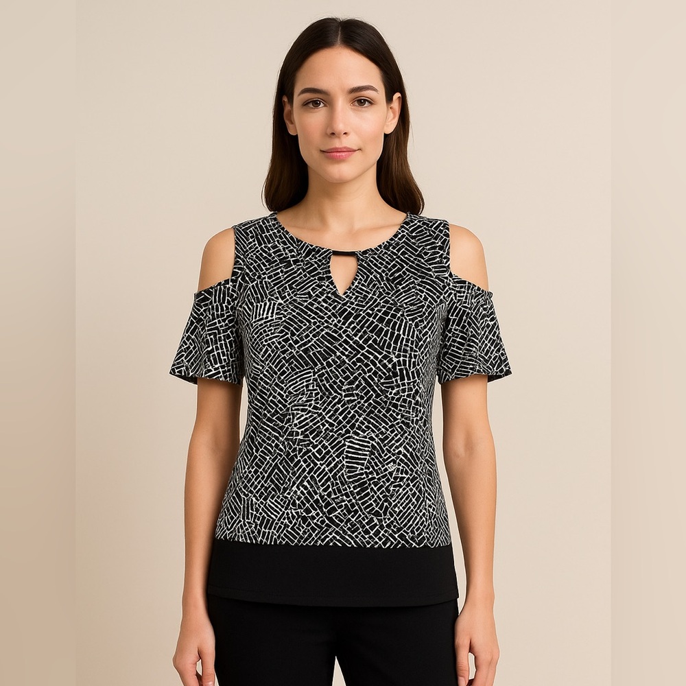 Rafaella Cold Shoulder Top Small Black White Print Keyhole‎ Blouse S
